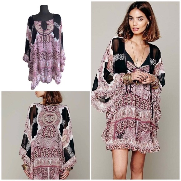 FREE PEOPLE Bohemian Tunic Top Dress Dusty Rose & Gray Brown Size S/P 🌸 - Picture 1 of 16